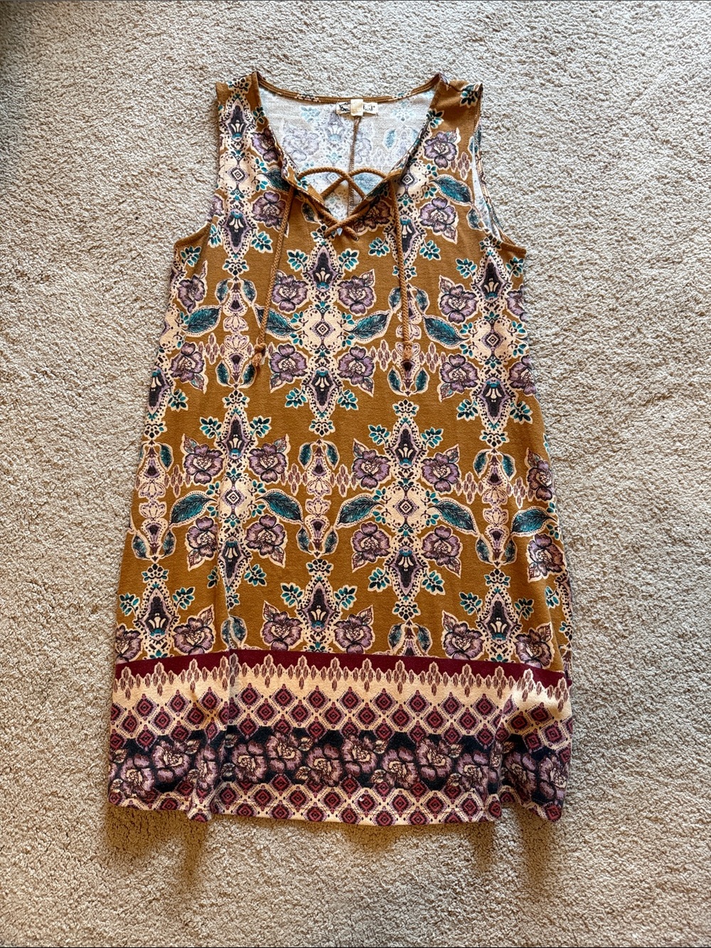 About A Girl Mustard Floral Lace-Up Sleeveless Dress